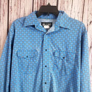 Wrangler 80s - 90s Pearl Snap Blue Western Cowboy Shirt Medium Vintage Diamond
